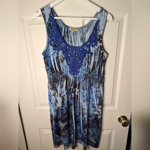 One World blue print sleeveless dress Boho Hippie size small
